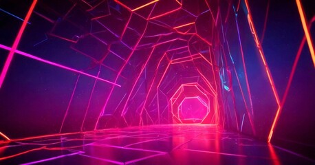 Leinwandbilder - a futuristic, neon-lit corridor with a geometric pattern of intersecting lines and a glowing, illuminated center