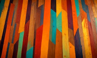 Aufkleber - A close-up view wooden floor with a vibrant, multicolored pattern of vertical wooden planks