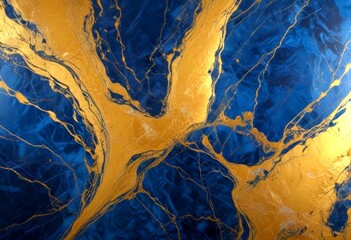 Poster - a close-up view marble surface with a striking pattern of blue and gold swirls and lines
