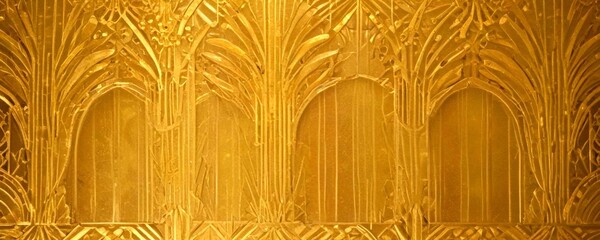 Aufkleber - a close-up view gold-colored, intricately carved wall panel with a repeating pattern of arched and fan-shaped designs