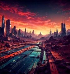 Poster - a futuristic cityscape at sunset, with towering skyscrapers silhouetted against a vibrant sky The city is composed series of interconnected roads and bridges, with a