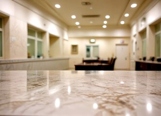 Wall Mural - A marble countertop in the foreground, with a blurred background room with a white ceiling, recessed lighting, and a door