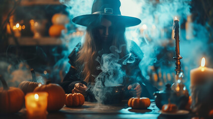 Canvas Print - halloween witch with pumpkins