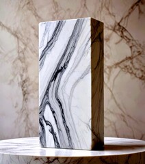 Wall Mural - A rectangular marble vase with a marble pattern stands on a round marble pedestal against a marble wall