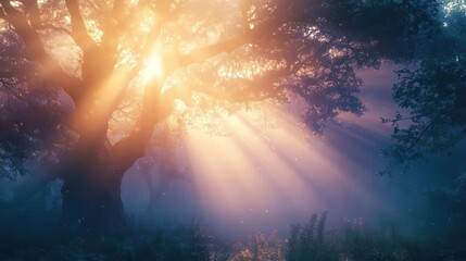 Wall Mural - mystical forest scene with ethereal light beams piercing through mist illuminating ancient trees at twilight