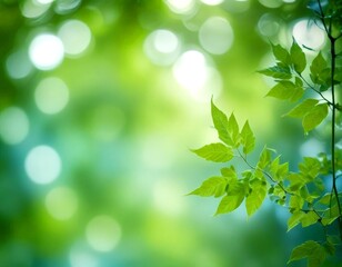 Poster - A close-up view branch with green leaves, set against a blurred, bokeh-filled background