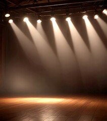 Poster - A dimly lit stage with a wooden floor and a row of spotlights shining down on it, creating a dramatic and atmospheric lighting setup