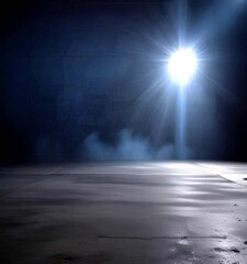 Poster - A spotlight shines brightly in the center dark, empty room, casting a dramatic glow on the concrete floor and creating a sense of depth and perspective