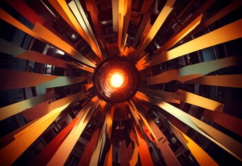 Poster - a futuristic, abstract scene with a circular light source at the center, surrounded by radiating lines in various colors, creating a sense of depth and dimensionality