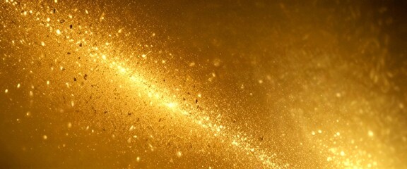 Fototapete - a close-up view golden glittering surface, with a diagonal line of small, numerous particles or specks of gold scattered across the frame
