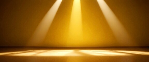 Poster - a stage with a warm yellow background, three light beams shining down from the top left, and a wooden floor with a pattern of light and shadow