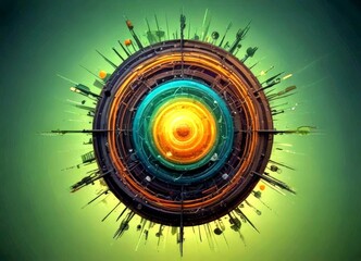 Aufkleber - a circular design with concentric circles and various objects, including a large orange circle at the center, surrounded by smaller circles and lines