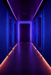 Leinwandbilder - A long, dimly lit corridor with a central doorway, flanked by walls on either side, and illuminated by a purple light that casts a long shadow on the floor