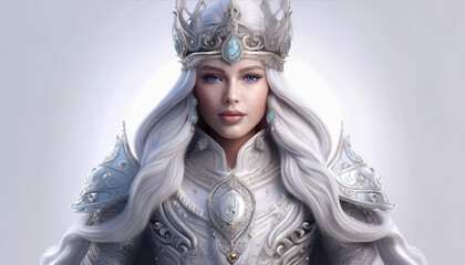 Fantasy portrait of a beautiful white haired queen wearing a silver crown and armor.