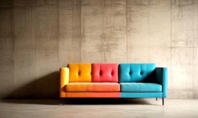 Wall Mural - A modern, three-seater sofa with a vibrant color scheme of orange, pink, and blue, set against a concrete wall