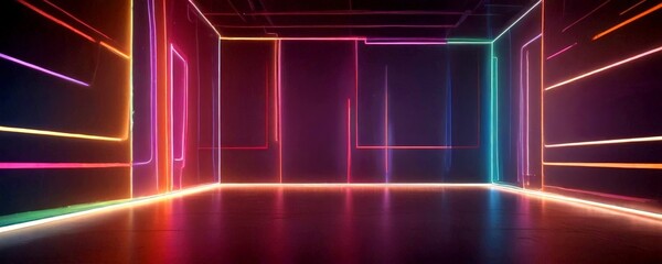 Leinwandbilder - a dimly lit room with a geometric pattern of colorful lines and lights, creating a visually striking and abstract atmosphere