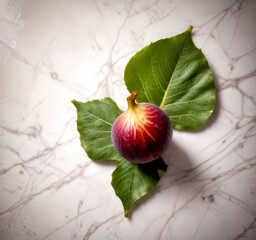 Aufkleber - A small, round, purple fig with a yellow center and green leaves rests on a marble surface