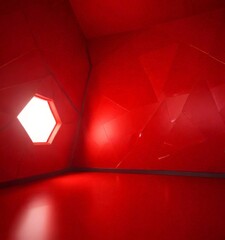 Leinwandbilder - a room with a red geometric pattern on the walls and a large window with a white interior, creating a striking contrast