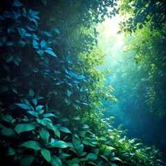 Poster - a dense, lush forest with a variety of green foliage, including leaves and branches, creating a sense of depth and mystery The sunlight filters through the dense canopy,