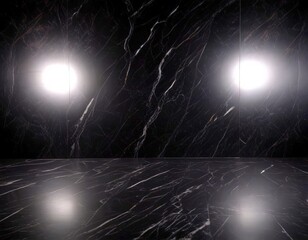 Leinwandbilder - a dark, glossy marble floor with a reflective surface, flanked by two bright spotlights on either side, creating a dramatic and visually striking scene