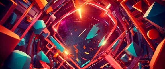 Aufkleber - a digital art piece featuring a complex network of geometric shapes and lines, including triangles, rectangles, and circles, with a vibrant color palette of red, orange, and blue