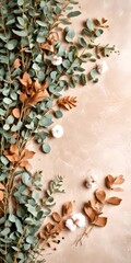 Leinwandbilder - A floral arrangement featuring a mix of green and brown leaves, white flowers, and dried leaves, set against a beige background