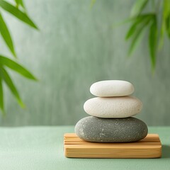 Sticker - Zen Stones on Bamboo Mat with Green Background.