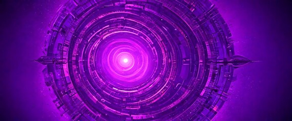 Poster - a futuristic cityscape, characterized by a complex network of buildings and structures, all in a striking shade of purple The buildings, varying in height