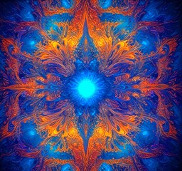 Aufkleber - a symmetrical pattern of intricate, swirling designs in shades of blue, orange, and purple, creating a visually striking and mesmerizing effect