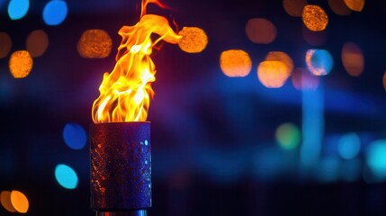 olympic torch with vibrant flame blurred sports arena background symbolic lighting ceremony dramatic contrast