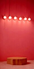 Poster - Six white light fixtures hang from the ceiling, casting a warm glow against a pink wall Below, a wooden platform rests on a pink floor, creating a minimalist and serene setting
