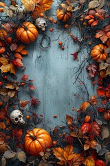 Halloween-themed composition featuring a variety of pumpkins, skulls, and autumn leaves arranged around a textured blue wooden background