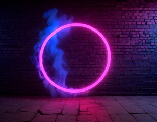 Aufkleber - A neon ring of pink and blue hues is suspended against a brick wall, with a trail of smoke emanating from the ring