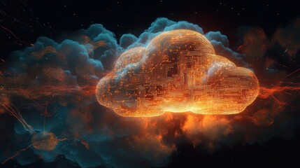 Sticker - glowing cloud with circuit board design in space.
