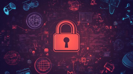 Wall Mural - digital security lock glowing red against a dark background with futuristic elements.