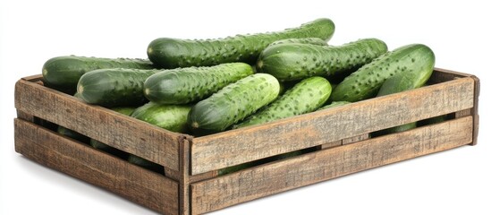 Wall Mural - Fresh green cucumbers in a wooden crate isolated on white background.