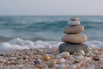 stones and rocks stacked on each other on the beach with sea in the background, representing balance and harmony