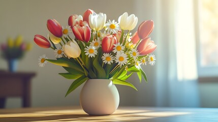 Canvas Print - Beautiful Bouquet of Tulips and Daisies in a White Vase