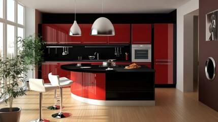 Wall Mural - Modern kitchen with red cabinets and an island counter with two bar stools.