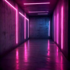 A long, dimly lit corridor with a glossy, reflective floor and walls adorned with pink neon lights