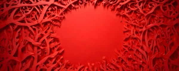 Aufkleber - a red abstract background with a central white circle, surrounded by a complex pattern of red branches and leaves