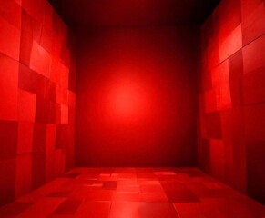 Poster - a dimly lit, red-tiled room with a large, central light source illuminating the space