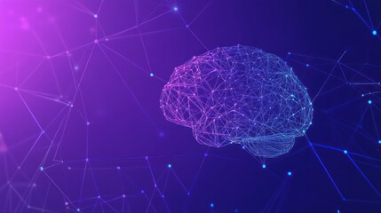 Sticker - abstract brain made of glowing lines and dots on a purple background.