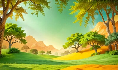 Poster - A serene landscape with a verdant meadow, a grove of trees, and majestic mountains in the distance, all under a clear blue sky