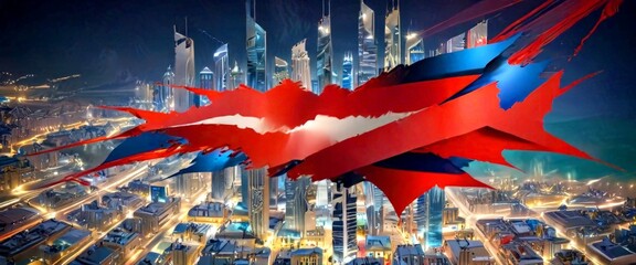 Poster - a futuristic cityscape at night, with a large, abstract red and blue shape dominating the center of the frame The city is illuminated by numerous lights, creating a vibrant