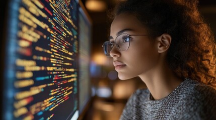 A woman is looking at a computer screen with a lot of code on it