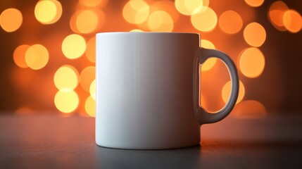 White mug on a table with a bokeh of warm lights in the background.