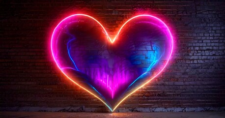 Aufkleber - A neon heart with a reflection building is displayed against a brick wall, illuminated by a vibrant mix of pink, purple, and blue lights