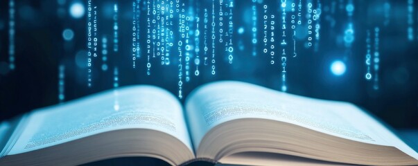A book is open to a page with a blue background and a series of blue lines. The lines are arranged in a spiral pattern, and they seem to be floating above the book