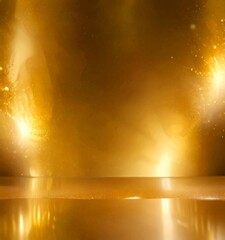 Poster - a golden, reflective surface that extends into the distance, with a warm, glowing golden glow and sparkling lights emanating from the right side, creating